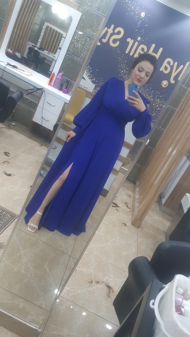 Uzun Kollu Mavi V Yakalı Kadın Elbise - Görsel 3