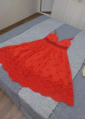 Koton Nakışlı Dantelli Kırmızı Elbise