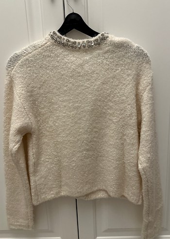 Kadın Beyaz Örgü Uzun Kollu Taş Detaylı Hırka - Görsel 3