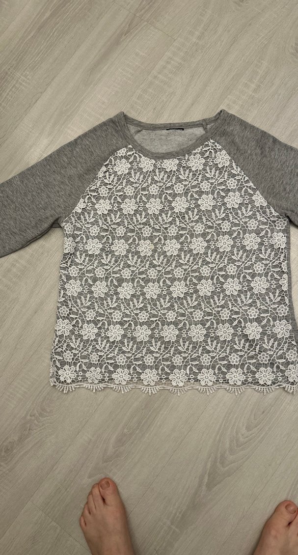 Gri Nakışlı Dantel Detaylı Kadın Sweatshirt - Görsel 3