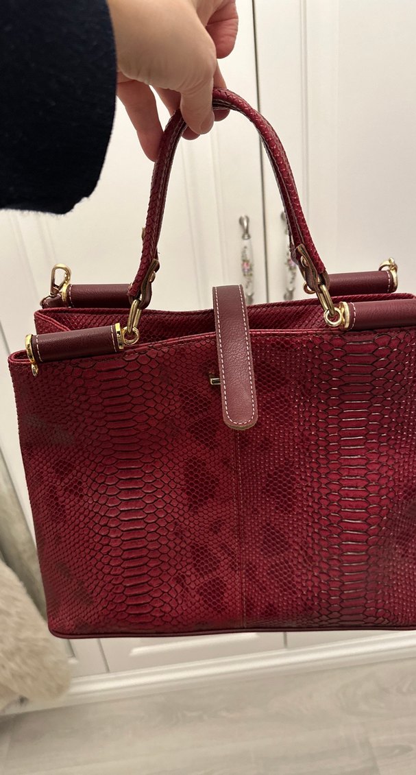 Bordo Yılan Desenli Deri Kadın Çanta - Görsel 3