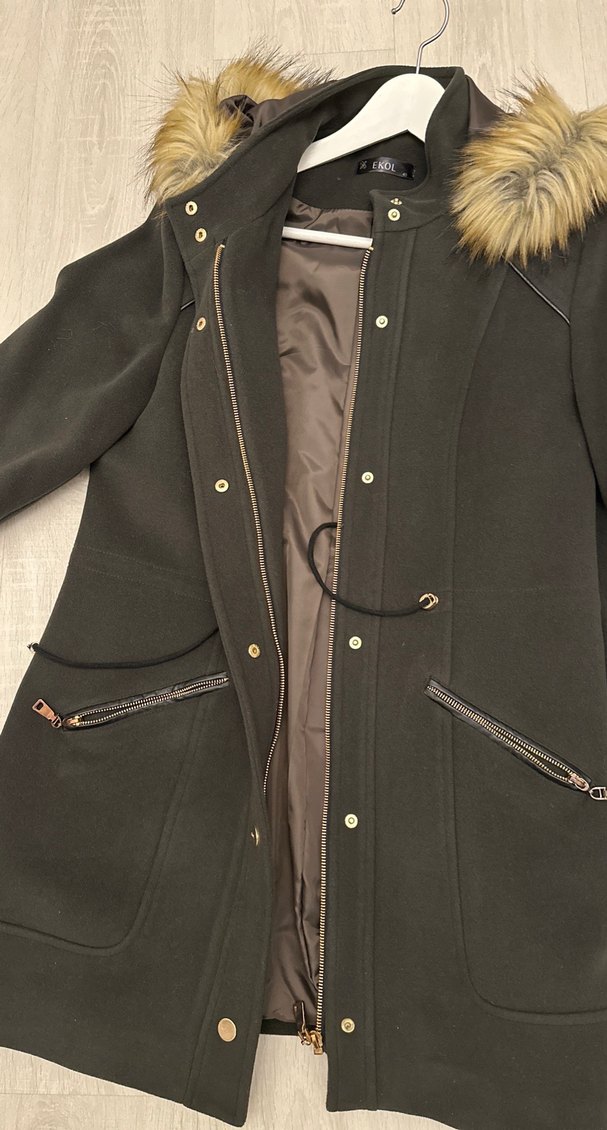 Kürk Detaylı  Haki Yeşil Kadın Kaban - Görsel 4
