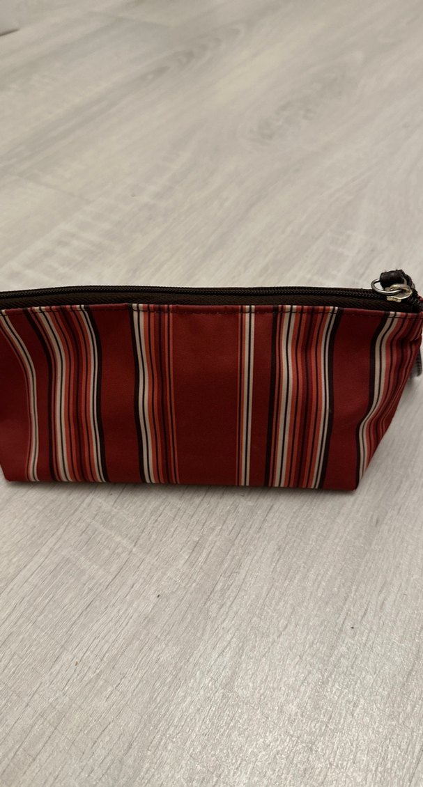 Kırmızı  sapı Deri Çizgili Fermuarlı Makyaj Çantası - Görsel 2