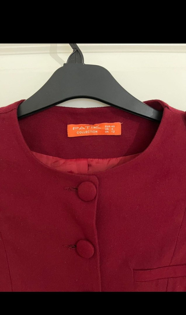 Bordo Kadın Uzun Düğmeli Klasik Kaban - Görsel 4