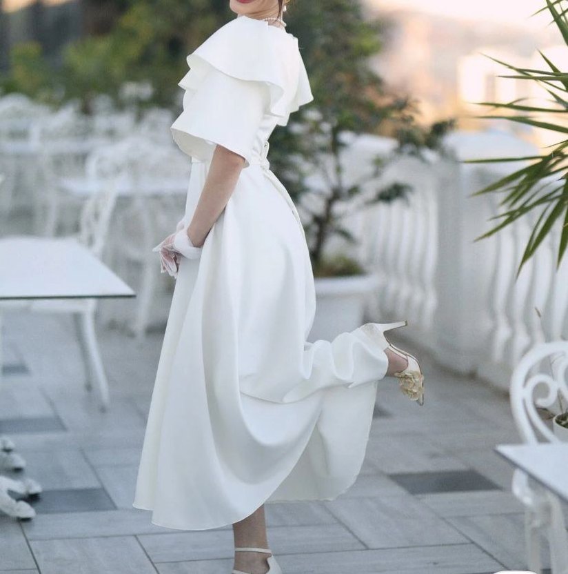 Beyaz Kısa Kollu A Kesim Gelinlik - Görsel 5