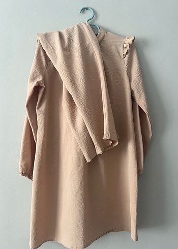 Bej Keten Midi Uzun Kollu Fırfırlı Tunik pantolon ikili takım - Görsel 2