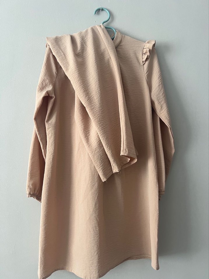 Bej Keten Midi Uzun Kollu Fırfırlı Tunik pantolon ikili takım - Görsel 2