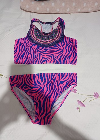 Kız Çocuk Pembe Zebra Desenli Bikini