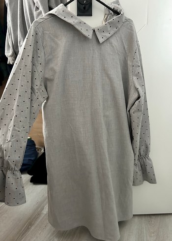 Gri Puantiyeli Uzun Kollu Midi Keten Tunik - Görsel 3