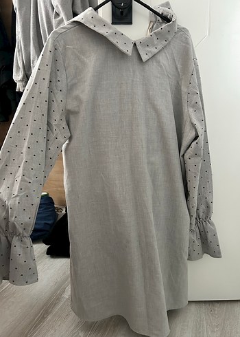 Gri Puantiyeli Uzun Kollu Midi Keten Tunik - Görsel 2