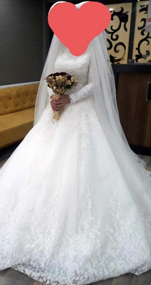 Uzun Kollu Beyaz A kesim gelinlik - Görsel 3