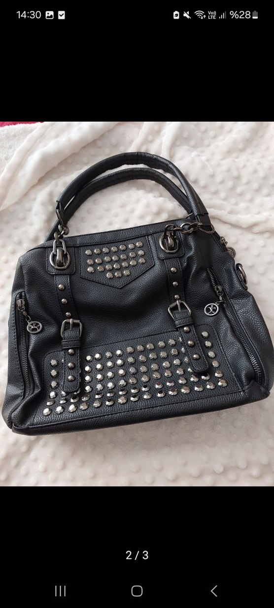 zımbalı Siyah  Deri Kadın Çantası - Görsel 2