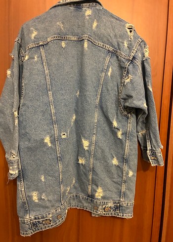 Düğmeli Mavi Uzun Kadın Kot Ceket - Görsel 2