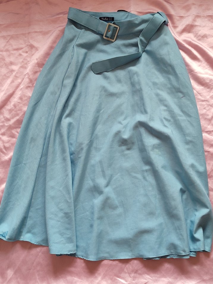 Mavi Keten Midi Drapeli Etek - Görsel 2