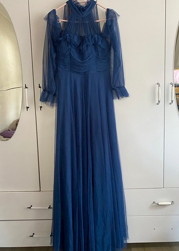 Uzun Lacivert Straplez Fırfırlı Vintage Abiye - Görsel 2