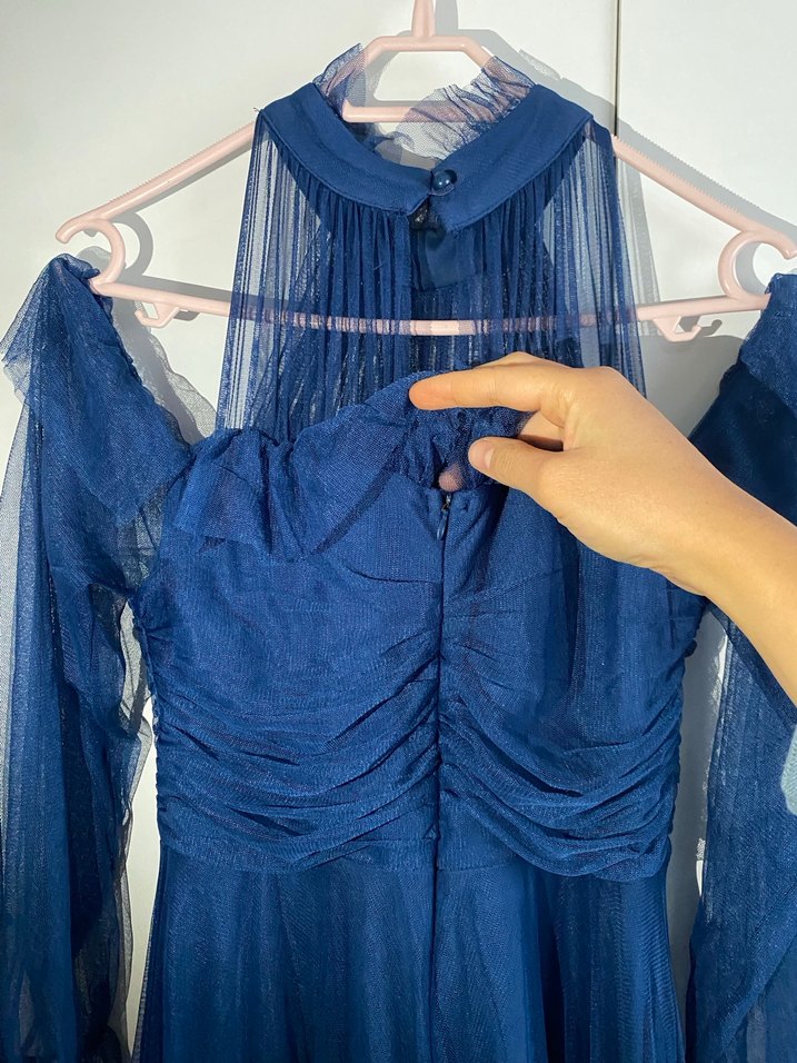 Uzun Lacivert Straplez Fırfırlı Vintage Abiye - Görsel 3