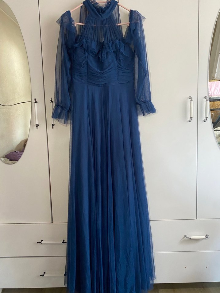 Uzun Lacivert Straplez Fırfırlı Vintage Abiye - Görsel 2