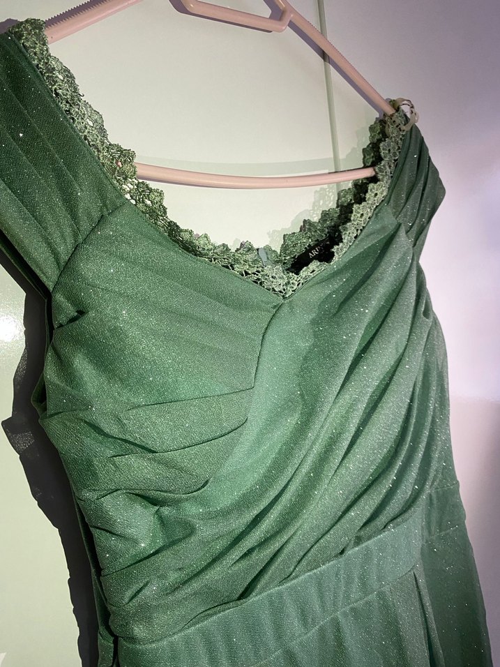 Drapeli Uzun Yeşil Abiye Elbise - Görsel 5