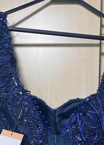 Sıfır Fırfırlı Straplez Kısa Mavi Abiye - Görsel 2