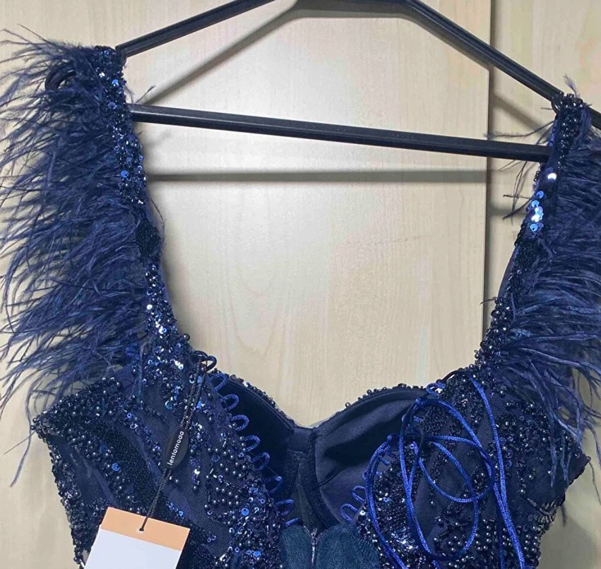 Sıfır Fırfırlı Straplez Kısa Mavi Abiye - Görsel 2