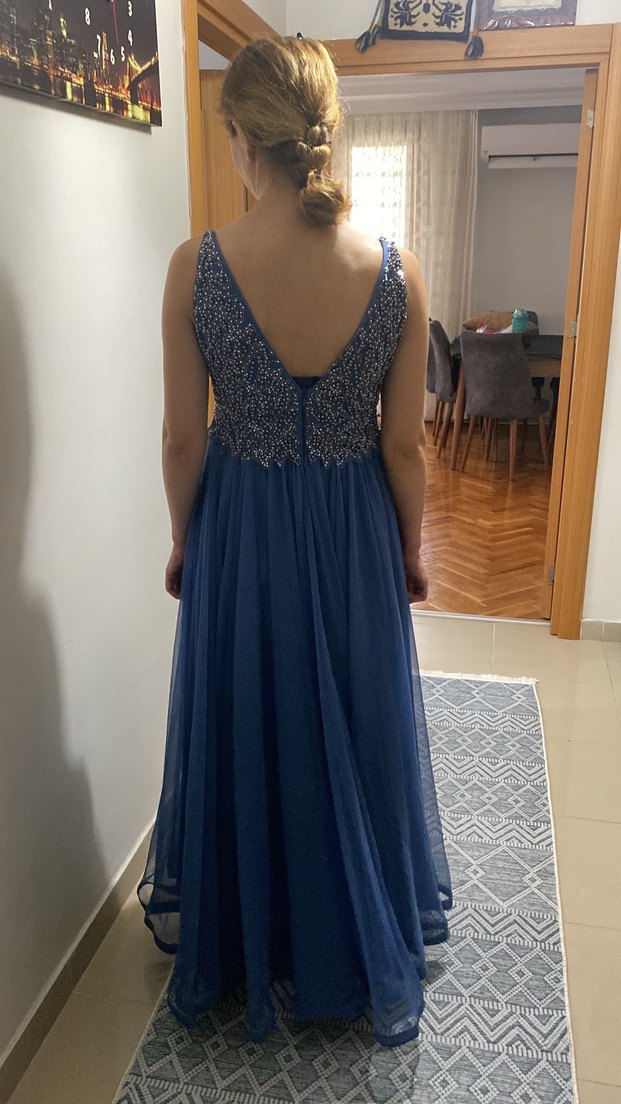 Mavi V Yaka Drapeli Abiye Elbise - Görsel 2