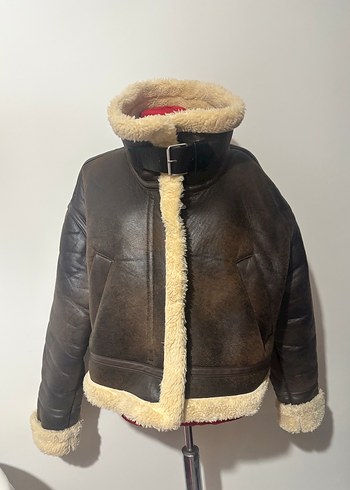 l Beden kahverengi Renk Zara Kahverengi Kürklü Deri Kadın Biker Ceket