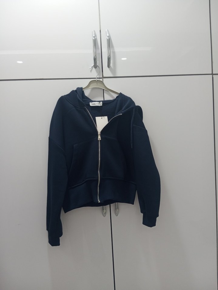 Fermuarlı lacivert Kapüşonlu Kadın Sweatshirt - Görsel 2