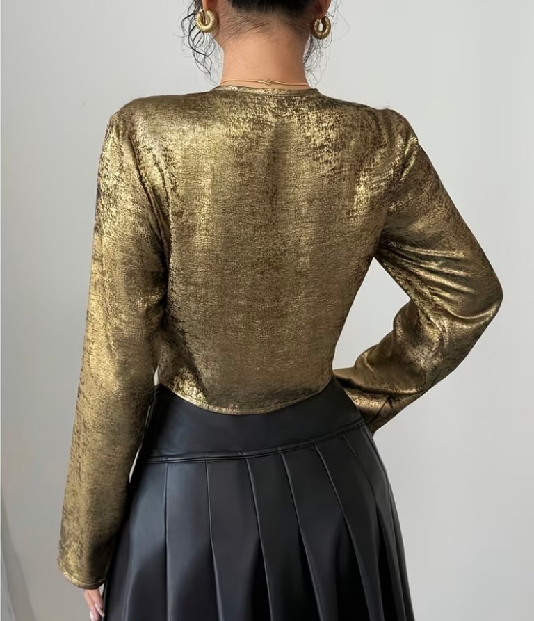 Parlak Altın Yılan Derisi Desenli Kadın Ceket - Görsel 2