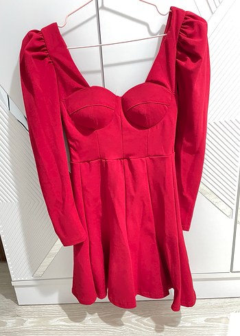 Zara Kırmızı V Yakalı Drapeli Midi Elbise