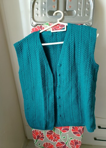 Turkuaz Triko Kadın Yelek V Yakalı el örgüsü - Görsel 2