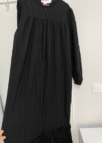xl Beden siyah Renk Siyah Uzun Keten Elbise, Pile Detaylı, Bol Kesim Bedeni : L -XL