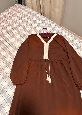 Bohem V Yaka Kahverengi Midi Elbise