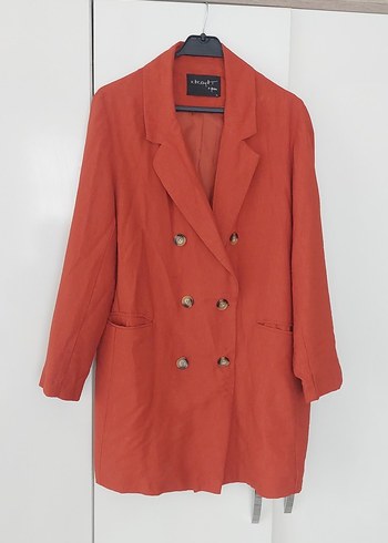 Düğmeli Kiremit rengiKeten Kadın Blazer