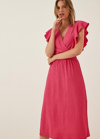Pembe fuşya volanlı elbise