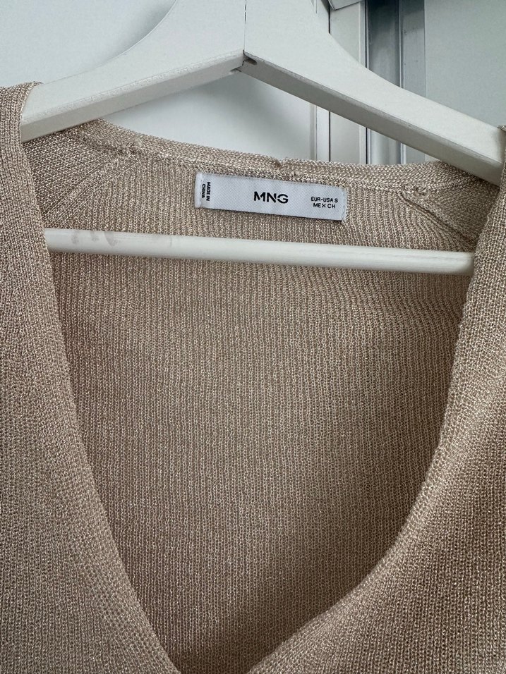 Mango Bej V Yaka Örgü simli Kadın Kazak - Görsel 2