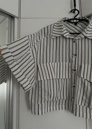 Zara Gri Çizgili Keten Kadın Gömlek - Görsel 3