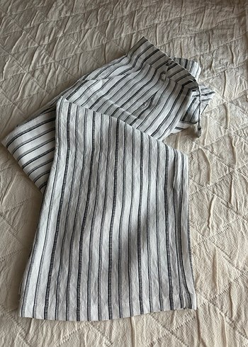 Zara Kadın Beyaz Çizgili Keten Pilili Pantolon - Görsel 4