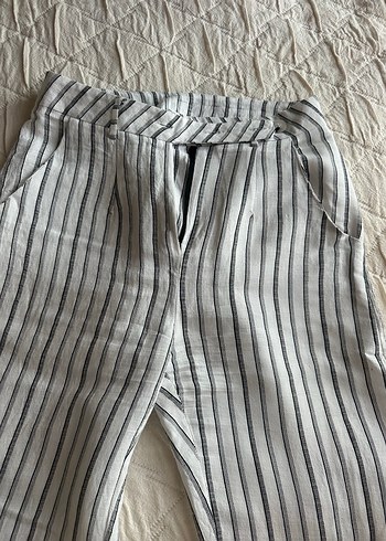 Zara Kadın Beyaz Çizgili Keten Pilili Pantolon - Görsel 2
