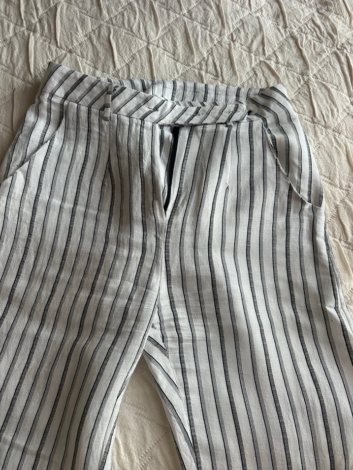 Zara Kadın Beyaz Çizgili Keten Pilili Pantolon - Görsel 2