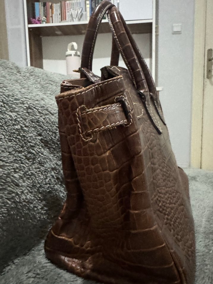 Kahverengi Deri Yılan Desenli Kadın Çanta - Görsel 5