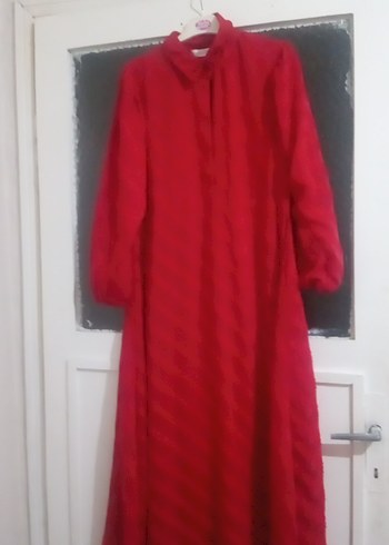 Kırmızı Uzun Kollu Salaş Uzun Elbise - Görsel 2