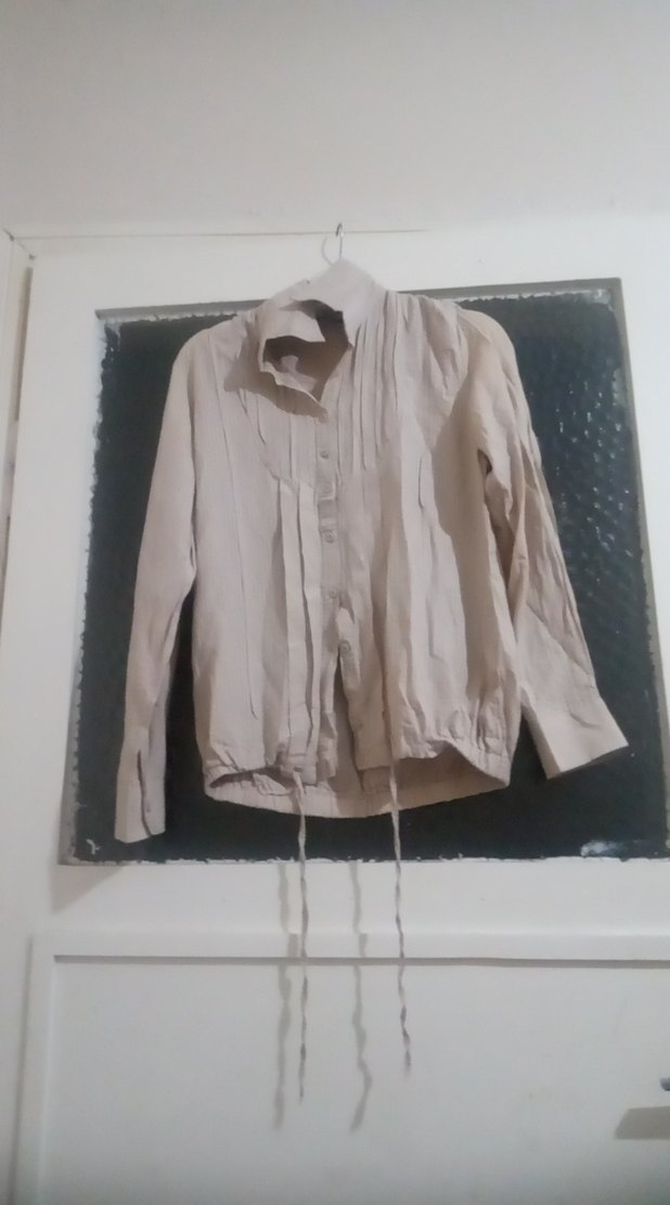 Bej Uzun Kollu Keten Kadın Gömlek - Görsel 2