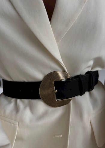 Gold Tokalı Süet Siyah Deri Kadın Kemer - Görsel 2