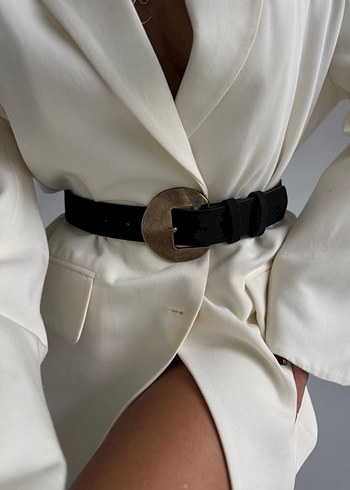 Gold Tokalı Süet Siyah Deri Kadın Kemer - Görsel 3