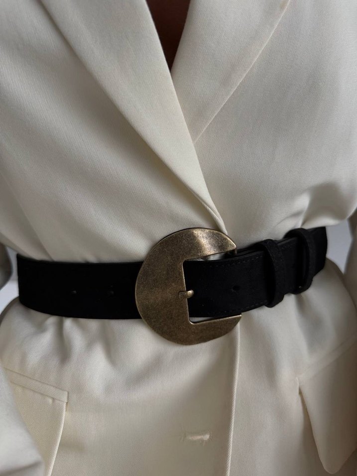 Gold Tokalı Süet Siyah Deri Kadın Kemer - Görsel 2