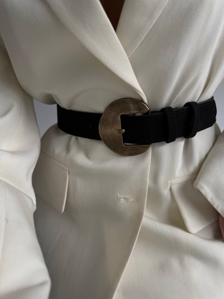 Gold Tokalı Süet Siyah Deri Kadın Kemer - Görsel 5