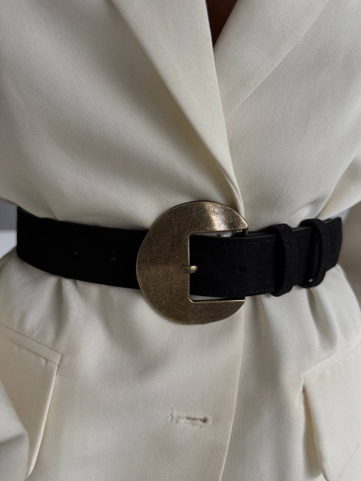 Gold Tokalı Süet Siyah Deri Kadın Kemer - Görsel 4