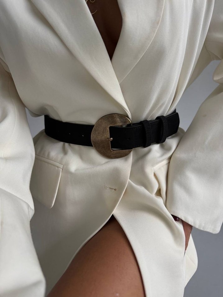 Gold Tokalı Süet Siyah Deri Kadın Kemer - Görsel 3