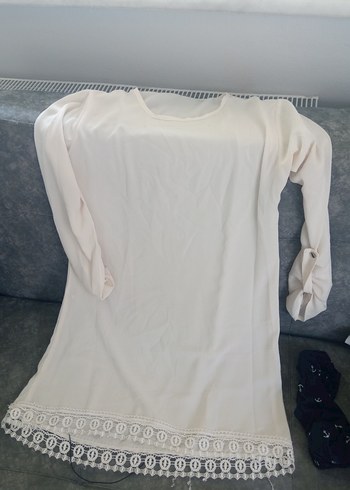Beyaz Kadın Uzun Kollu Midi Keten Tunik