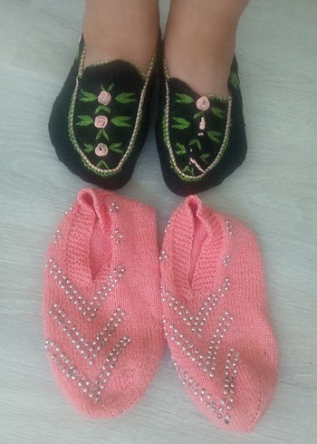 38 Beden pembe Renk Nakışlı Örgü Kadın Terlik - Pembe patik ve lif
